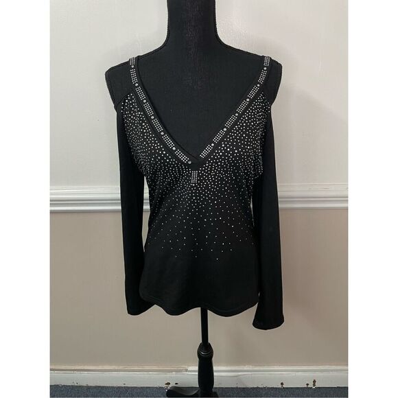 Black Cold Shoulder Sequin V-Neck Long Sleeve Blouse Size Large - Picture 1 of 6